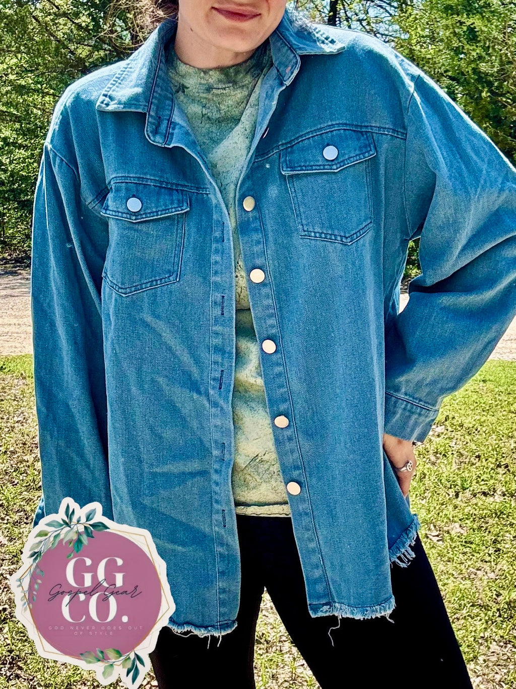 Floral Cross Embroidered Blue Denim Jacket