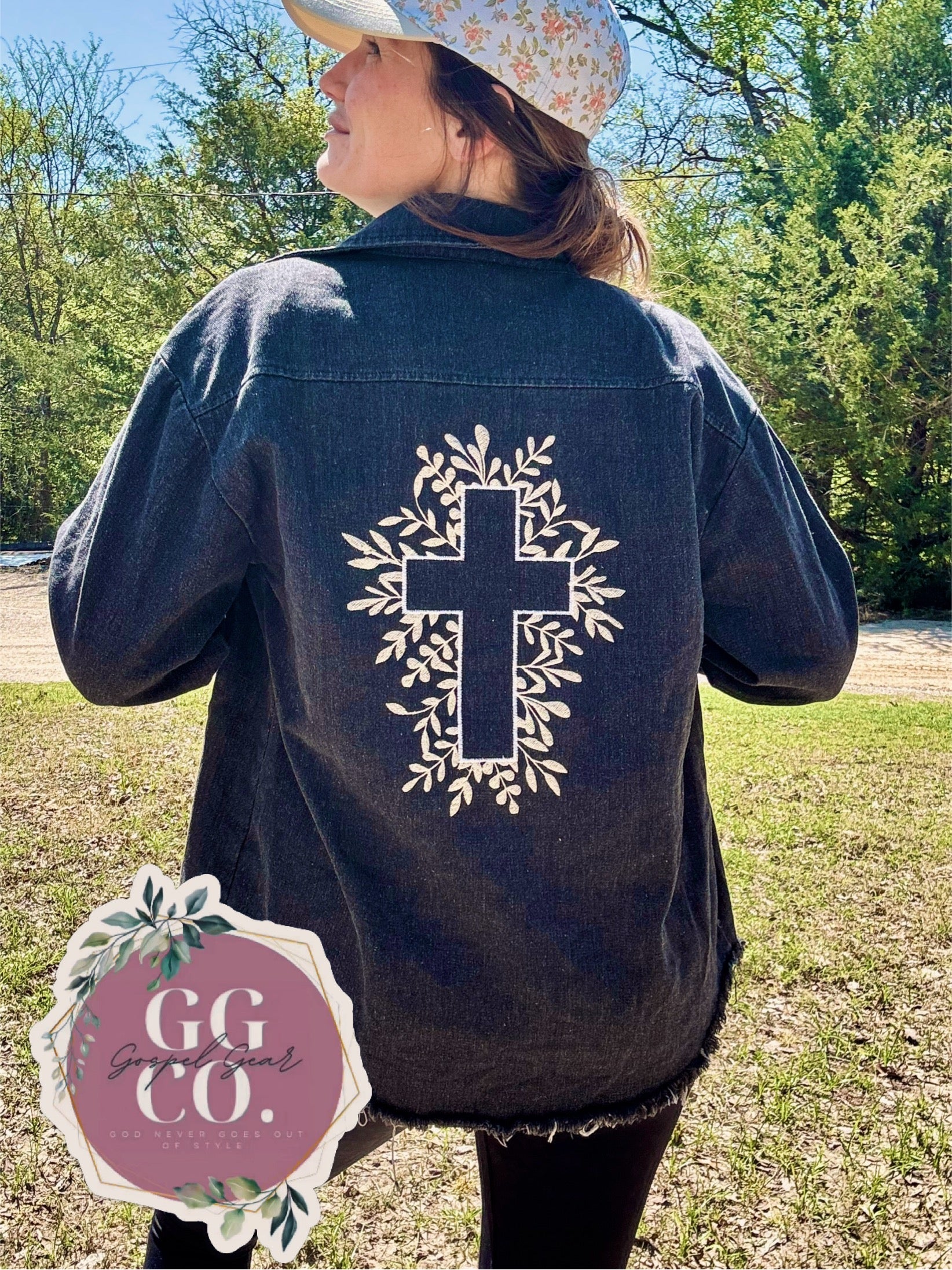 Floral Cross Embroidered Black Denim Jacket