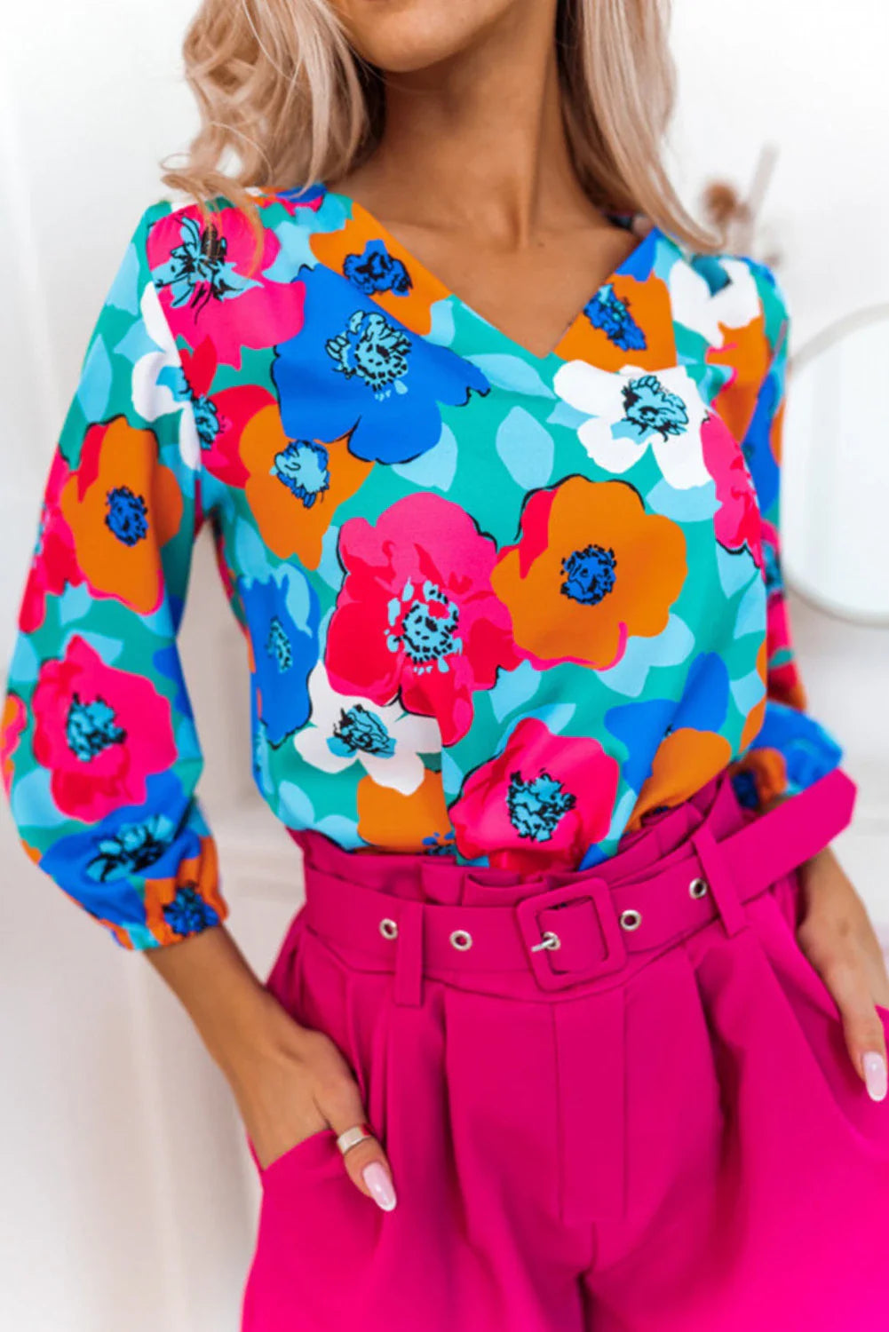 Taylor - Multicolor Floral Print V Neck 3/4 Sleeve Blouse