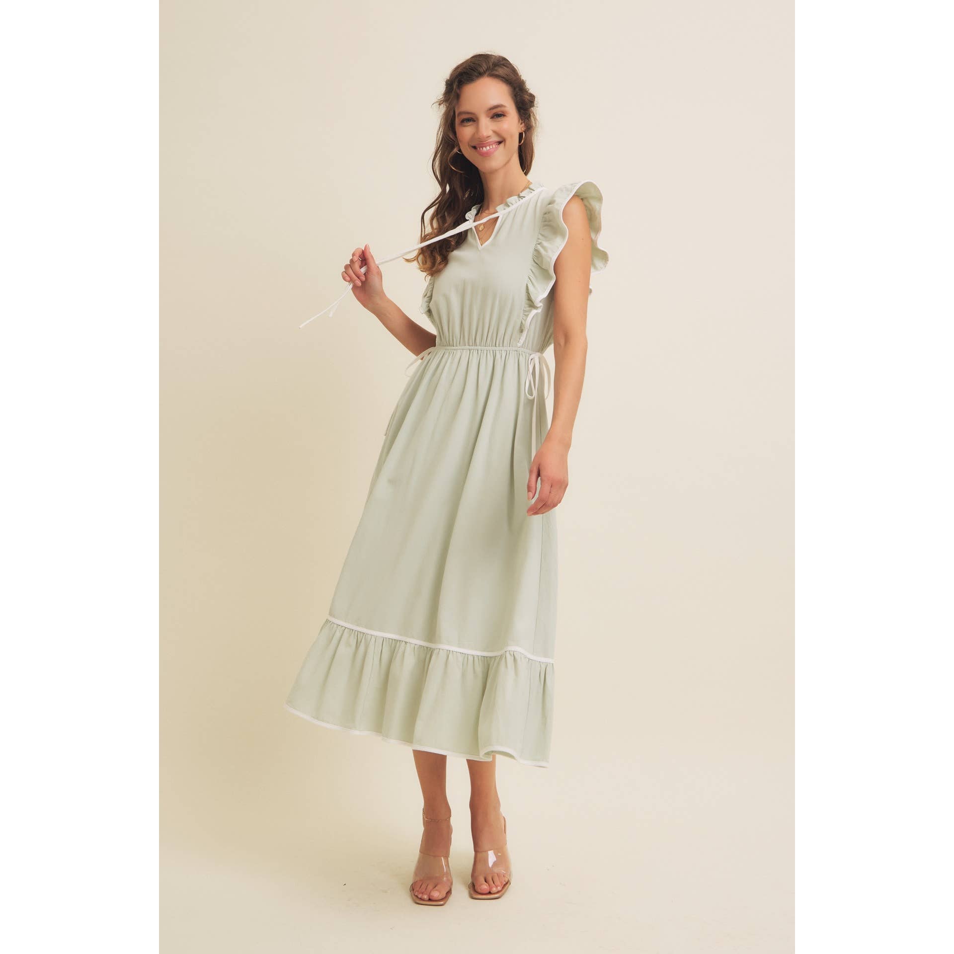 Annie- COTTON GAUZE MIDI DRESS WITH RUFFLES AND CONTRAST BINDING