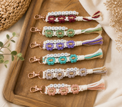 Christian Floral Beaded Keychain - Wooden Beaded Christian Keychain (F2)