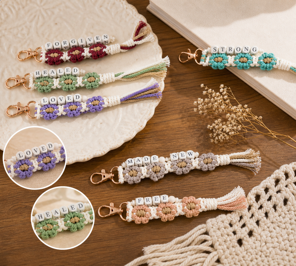 Christian Floral Beaded Keychain - Wooden Beaded Christian Keychain (F2)