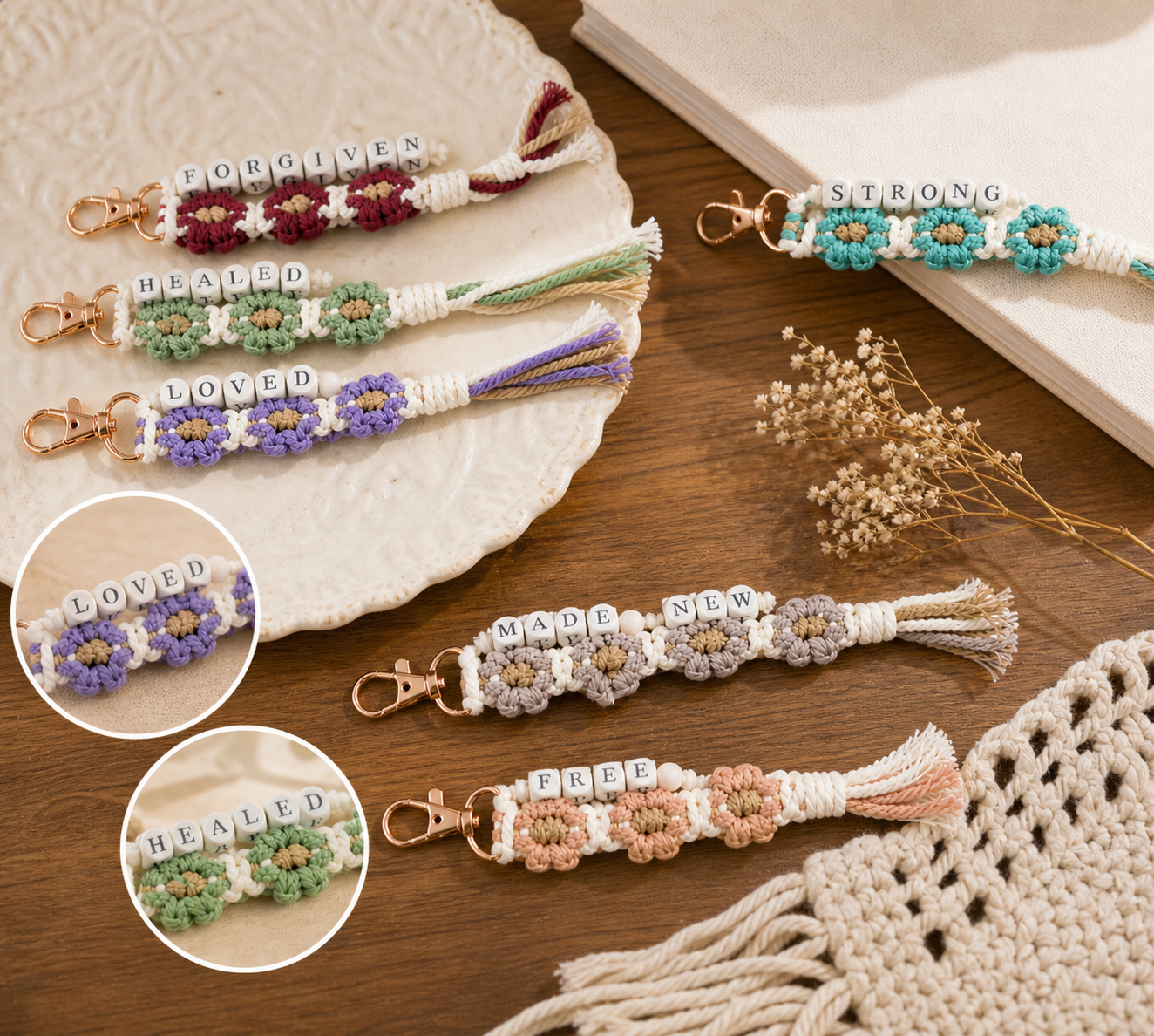 Christian Floral Beaded Keychain - Wooden Beaded Christian Keychain (F2)