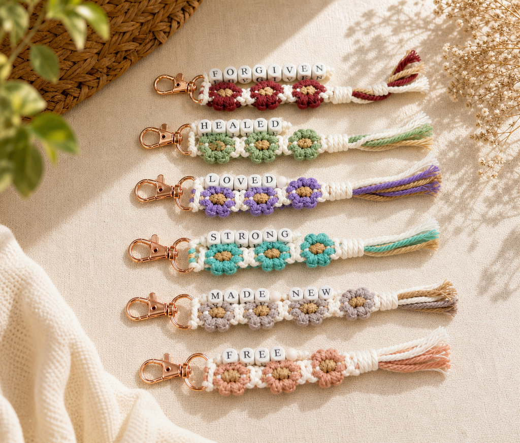 Christian Floral Beaded Keychain - Wooden Beaded Christian Keychain (F2)