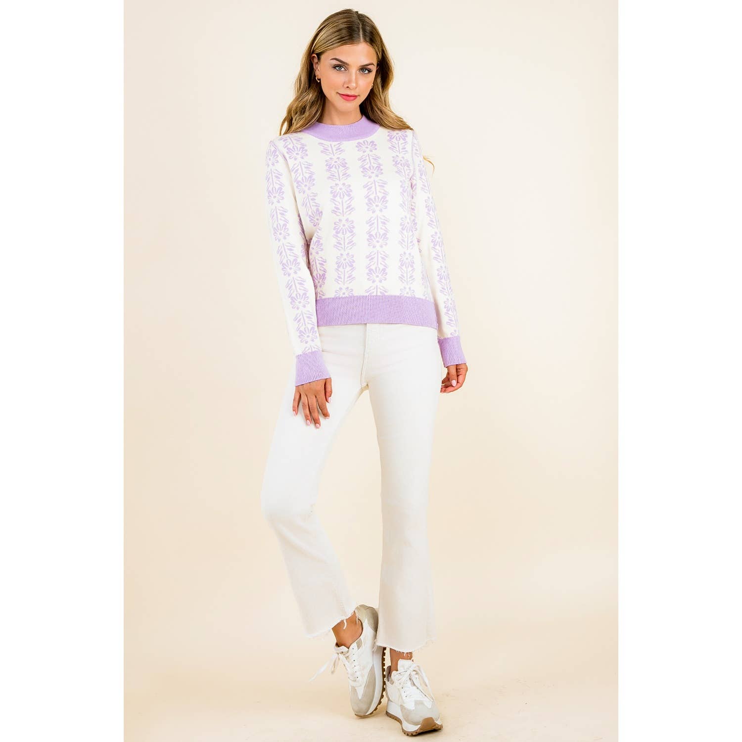 Leyla - Long Sleeve Floral Pattern Knit Pullover Sweater