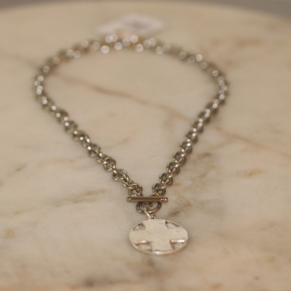 The Lord's Prayer Cross Medallion Toggle Necklace Gold or Silver