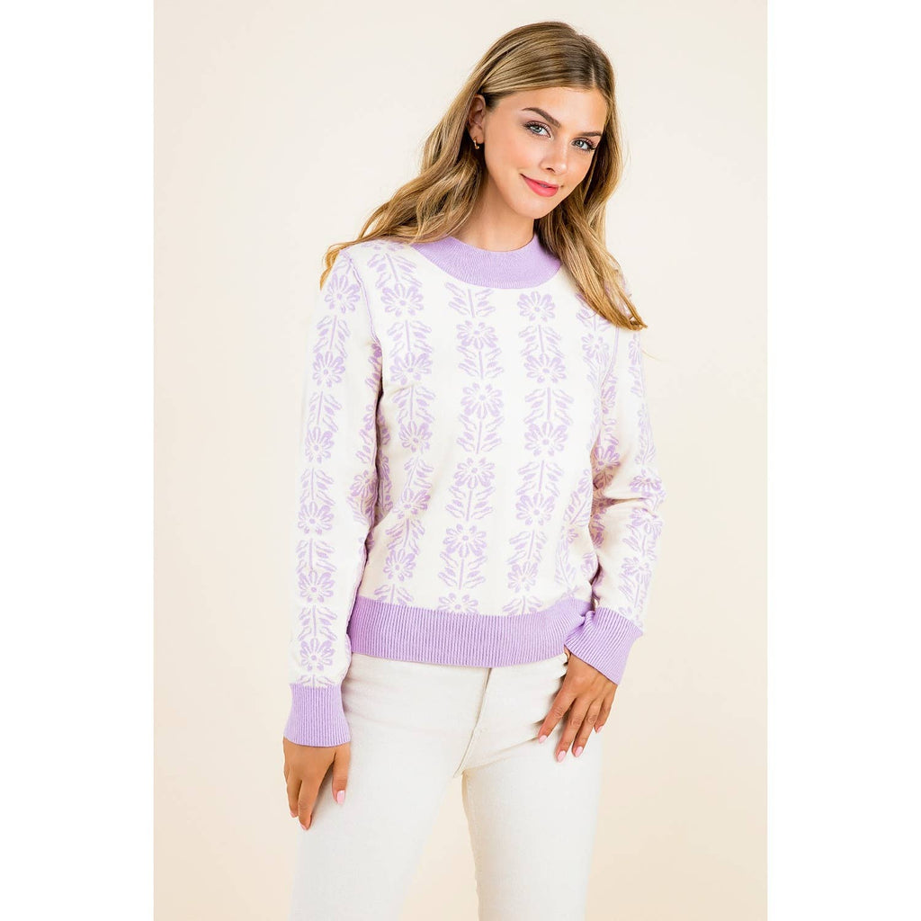 Leyla - Long Sleeve Floral Pattern Knit Pullover Sweater