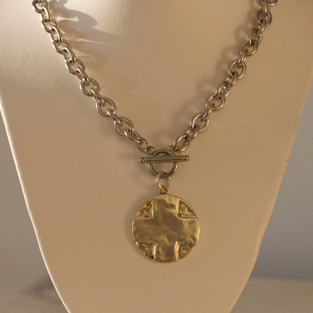 The Lord's Prayer Cross Medallion Toggle Necklace Gold or Silver