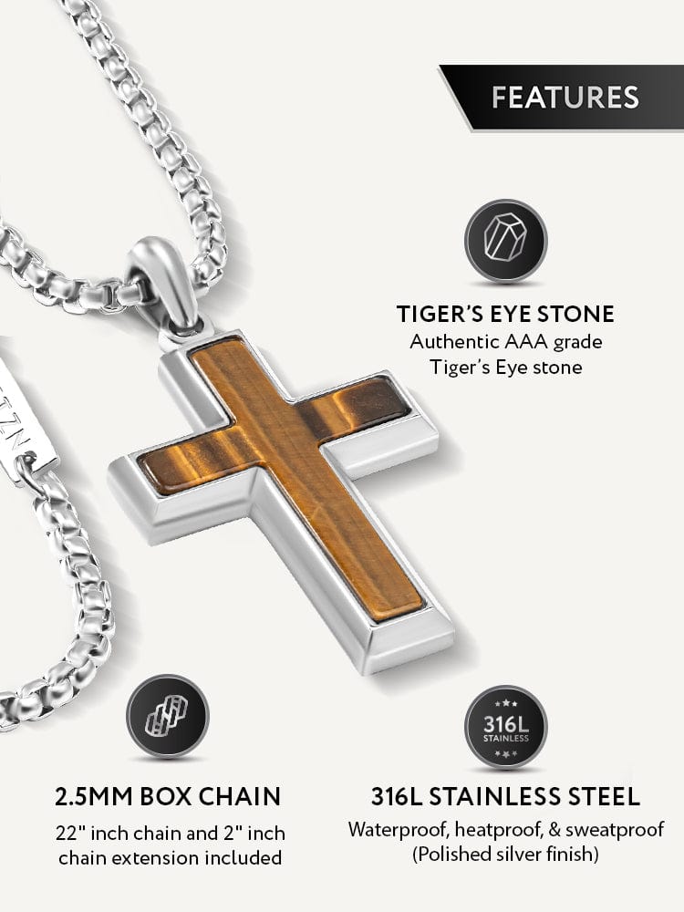Men's Tiger Eye Cross Pendant Necklace