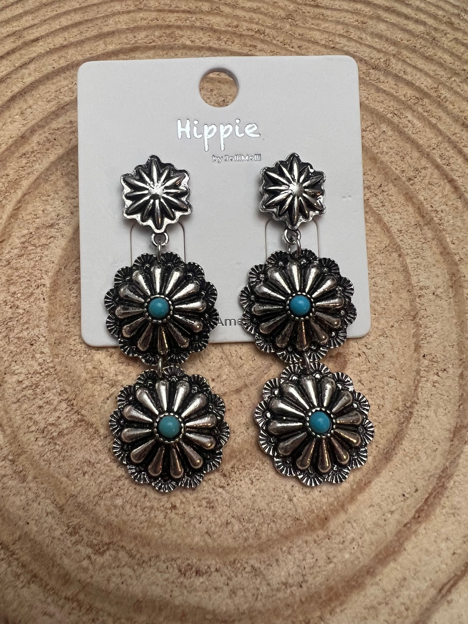 3 Concho Dangle Earrings with Faux Turquoise - 2 1/4 inch drop