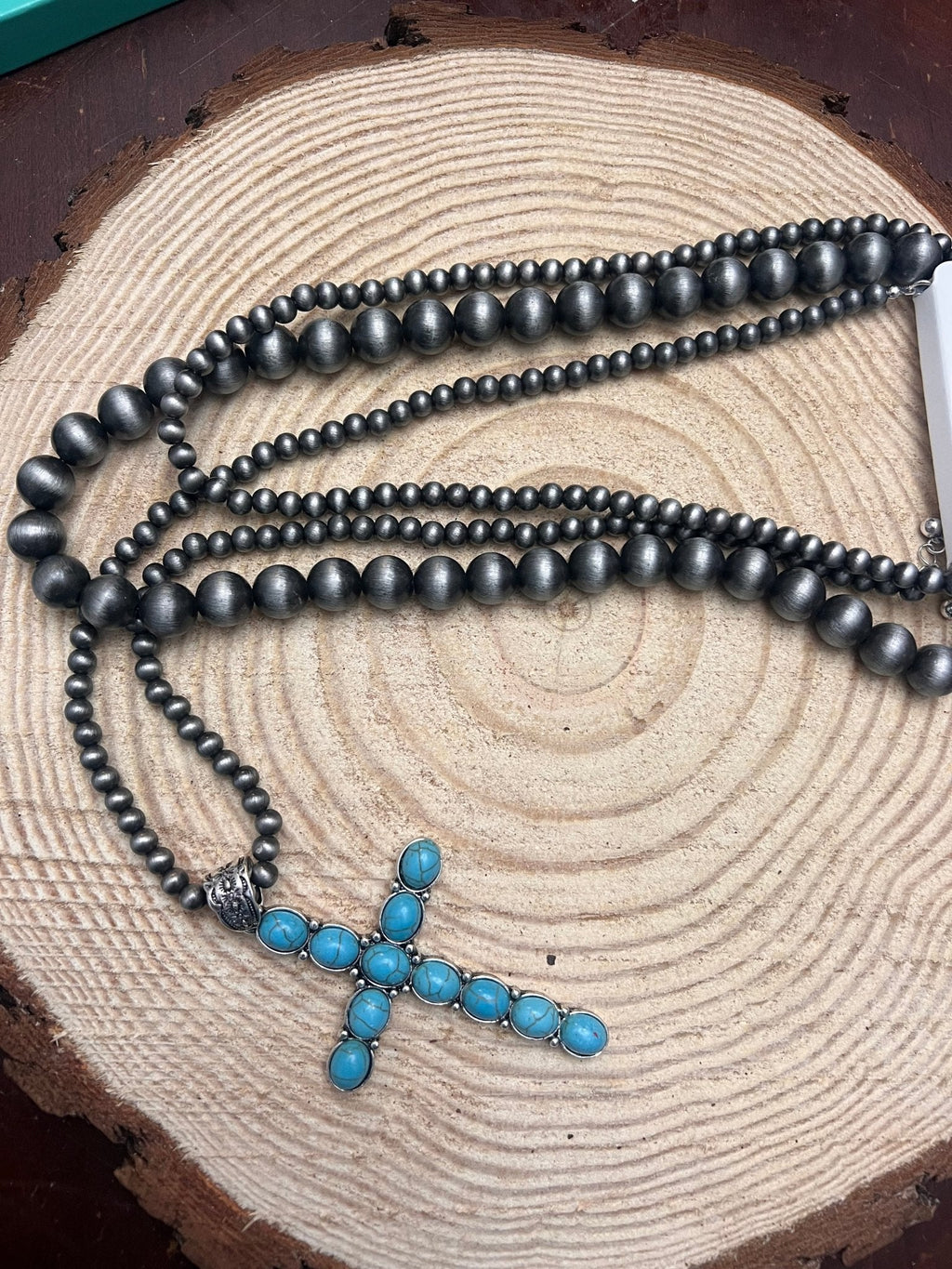Western Turquoise Cross Three Layered Necklace – Faux Pearl Trio