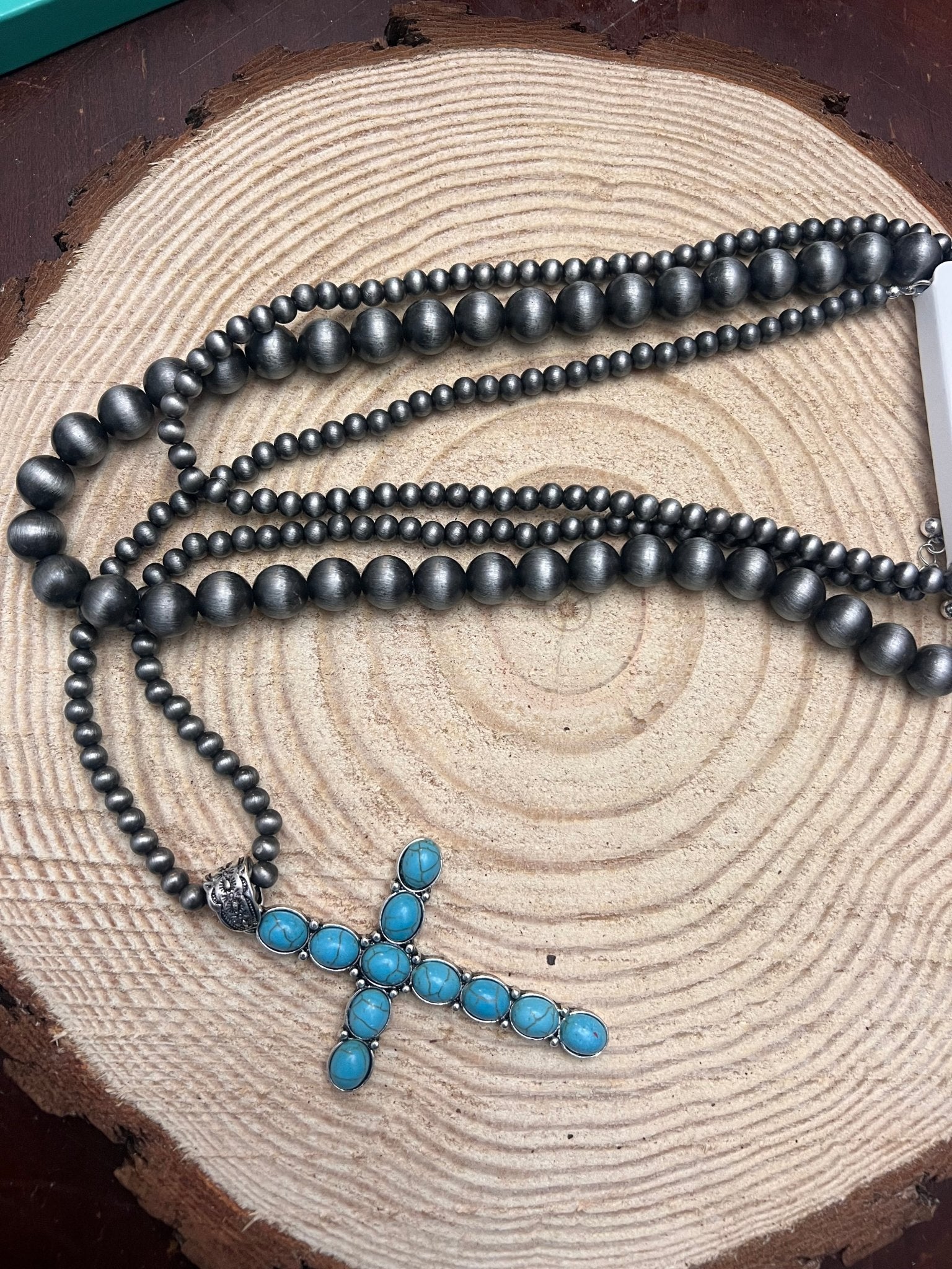 Western Turquoise Cross Three Layered Necklace – Faux Pearl Trio