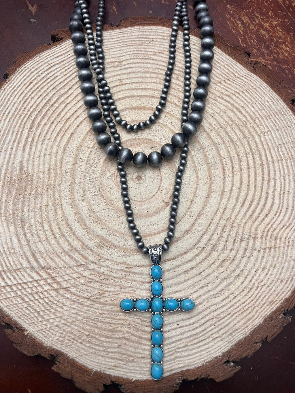 Western Turquoise Cross Three Layered Necklace – Faux Pearl Trio