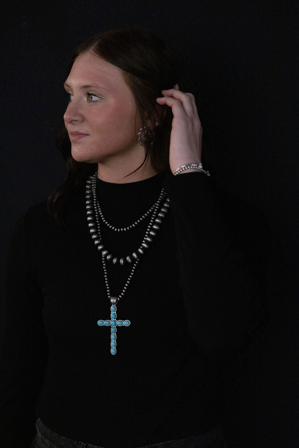 Western Turquoise Cross Three Layered Necklace – Faux Pearl Trio
