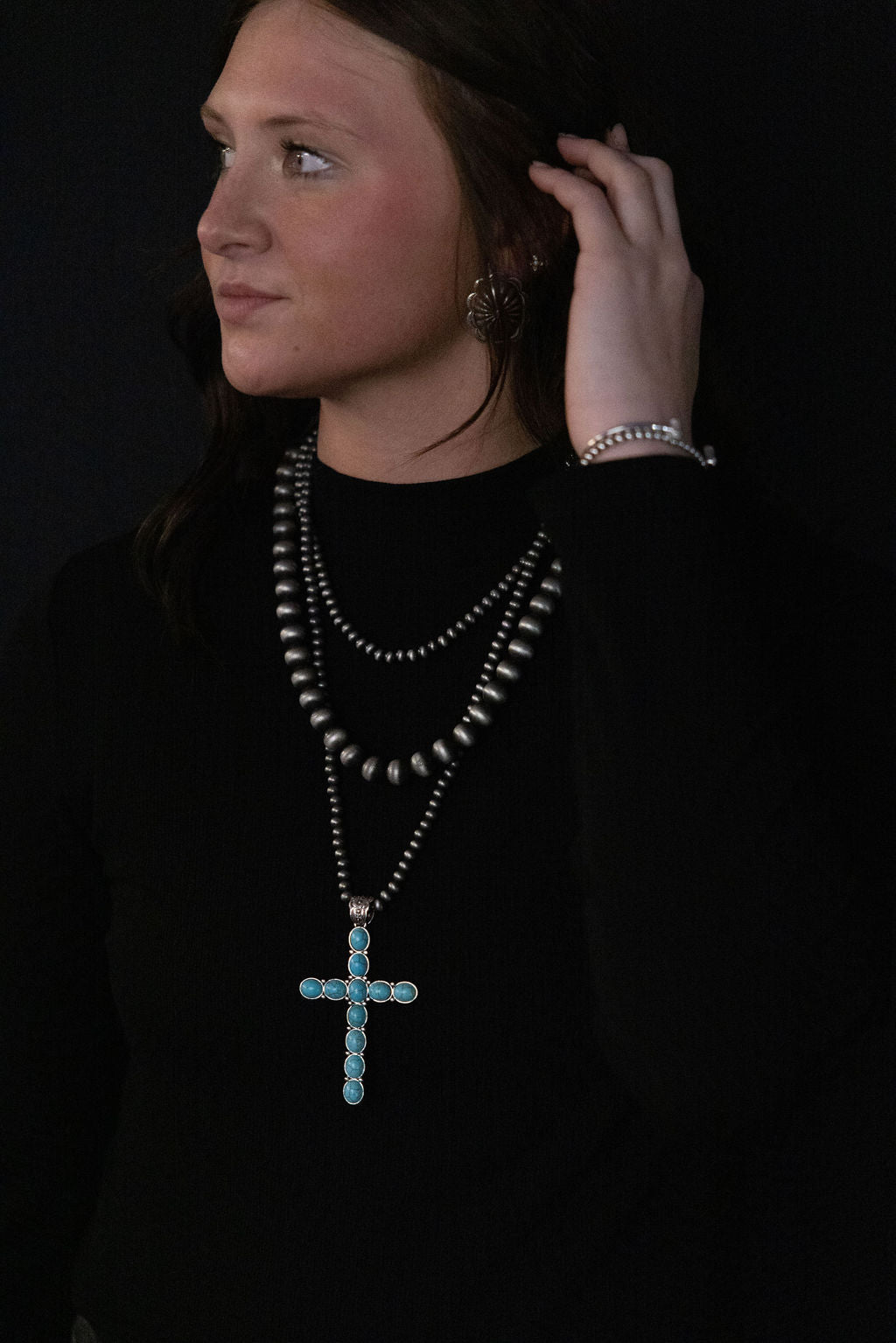 Western Turquoise Cross Three Layered Necklace – Faux Pearl Trio
