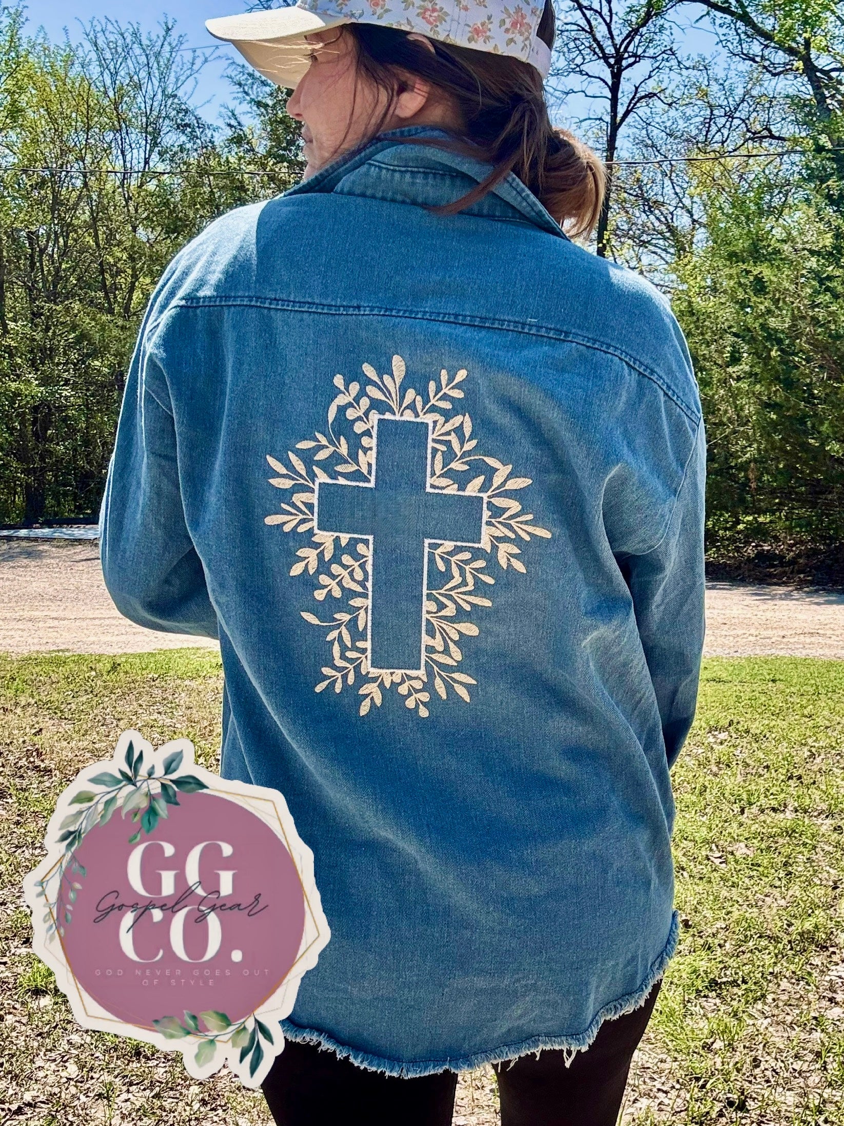 Floral Cross Embroidered Blue Denim Jacket
