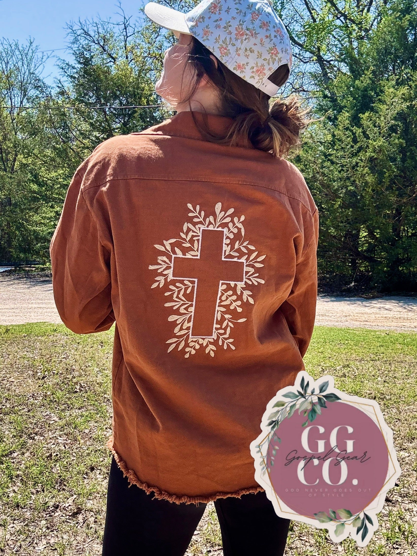 Floral Cross Rust Brown Embroidered Christian Denim Jacket