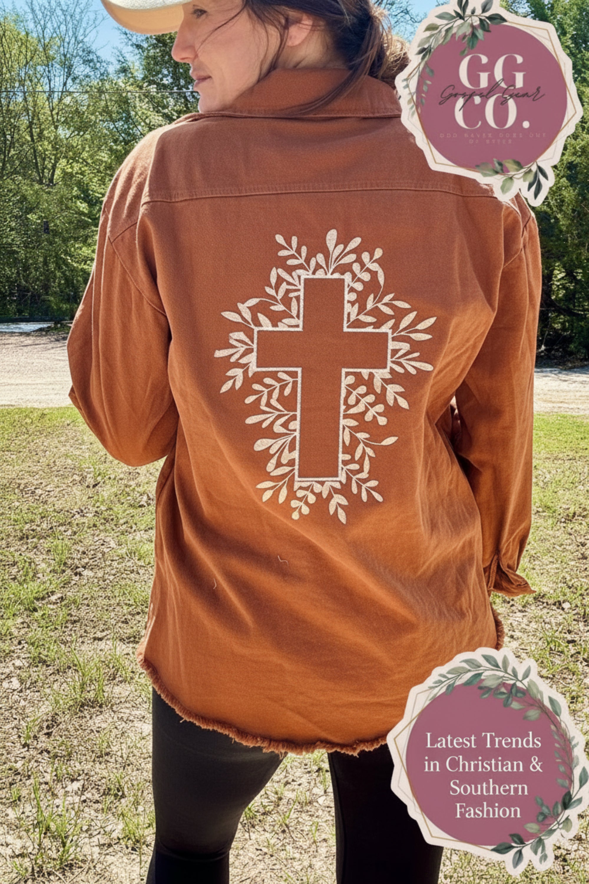 Floral Cross Rust Brown Embroidered Christian Denim Jacket