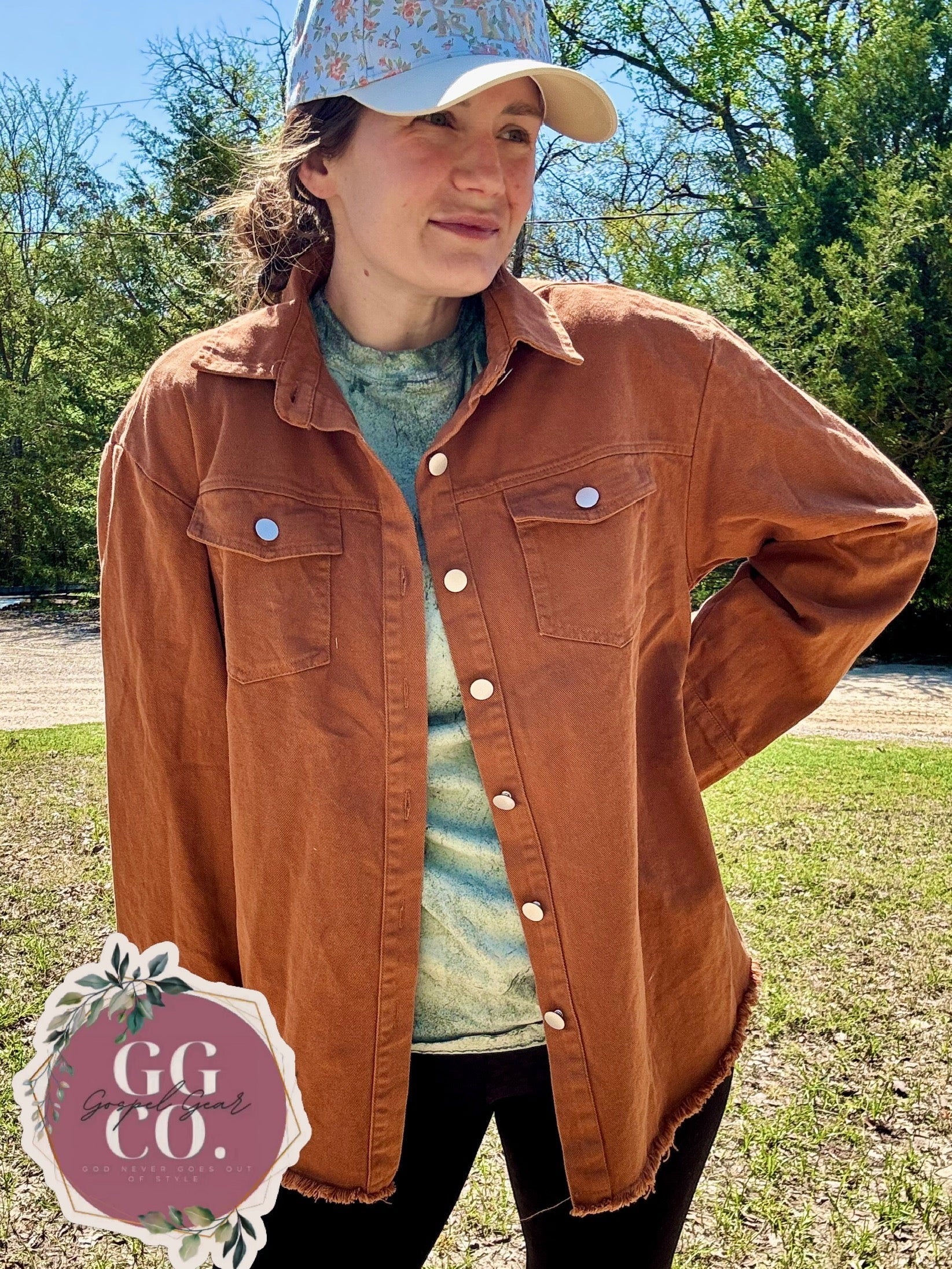 Floral Cross Rust Brown Embroidered Christian Denim Jacket