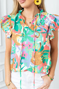 Marcey - Green Frilly Ruffle Tie Split Neck Summer Floral Blouse