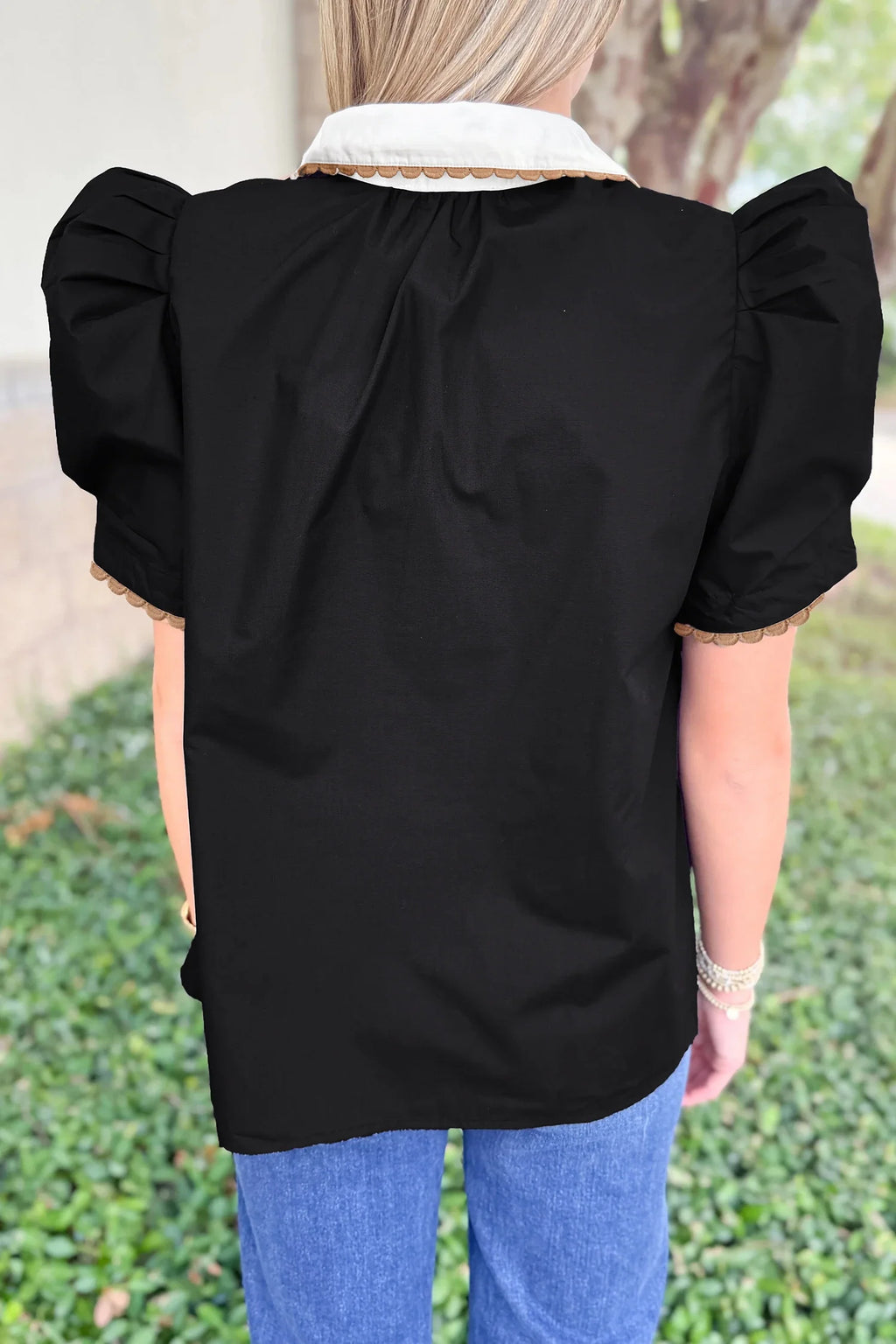 Helena-Black Ricrac Trim Color Block Patchwork Shirt Collar Short Sleeve Blouse