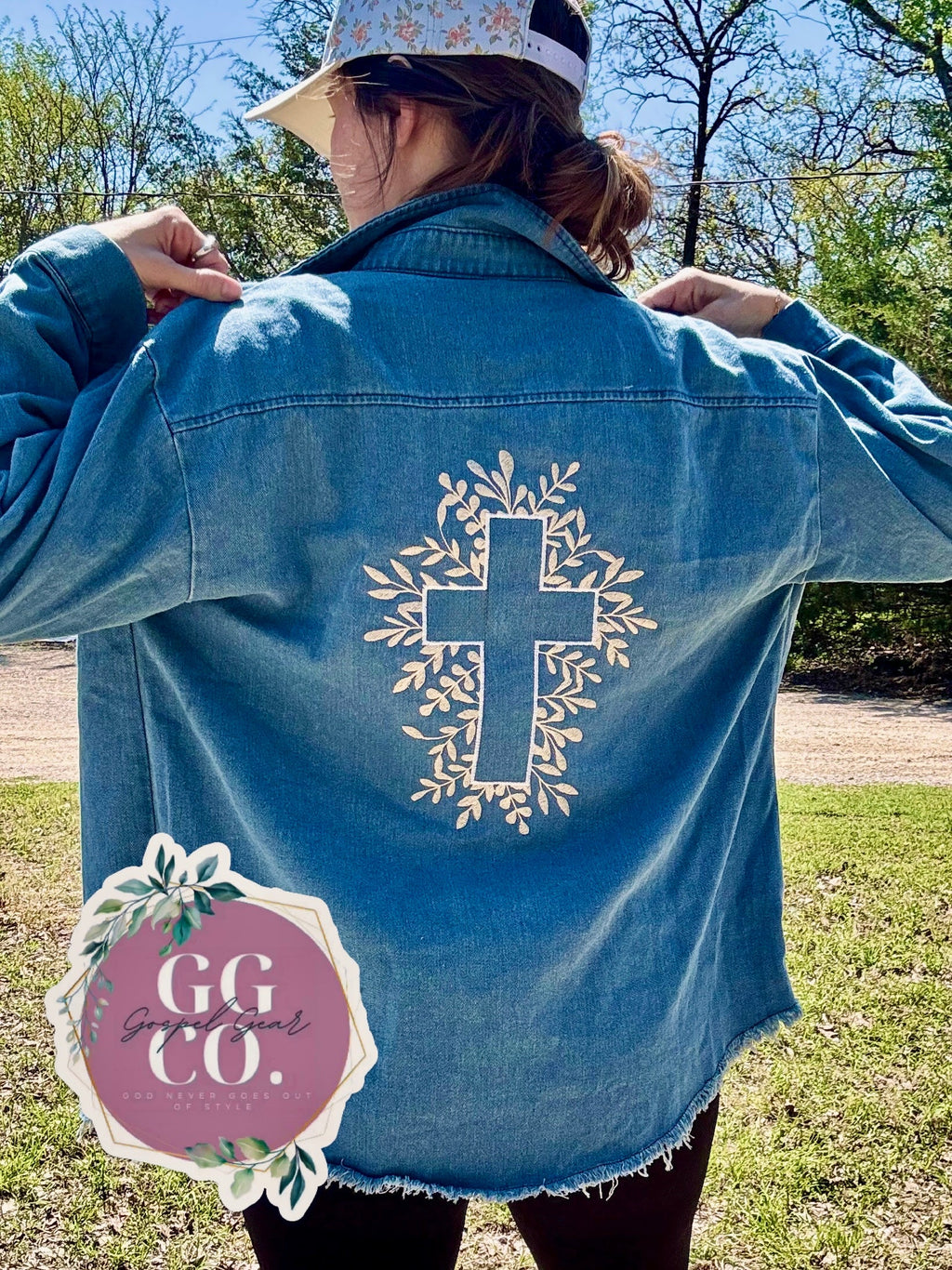 Floral Cross Embroidered Blue Denim Jacket