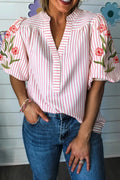 Loula-Pink Floral Embroidered Puff Sleeve V Neck Blouse