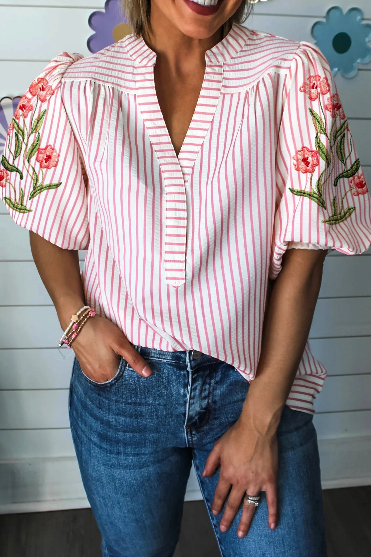 Loula-Pink Floral Embroidered Puff Sleeve V Neck Blouse