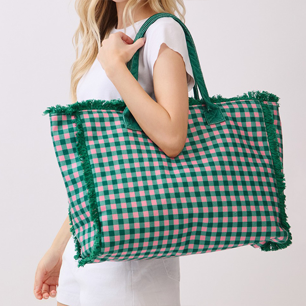 Pink and blue Gingham Check Terry Cloth Frayed Tote