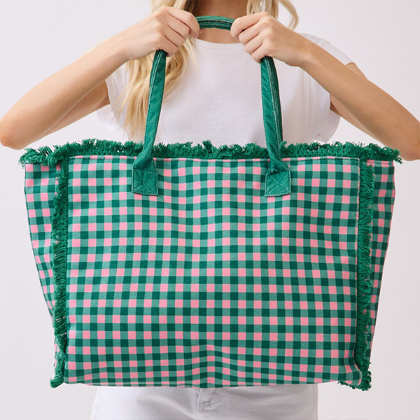 Pink and blue Gingham Check Terry Cloth Frayed Tote