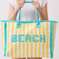Striped Embroidered Beach letter Terry Cloth Frayed Tote Yellow