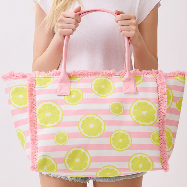 Lemon Stripe Pink Fringe Tote