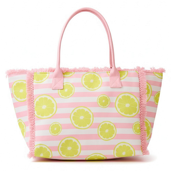 Lemon Stripe Pink Fringe Tote