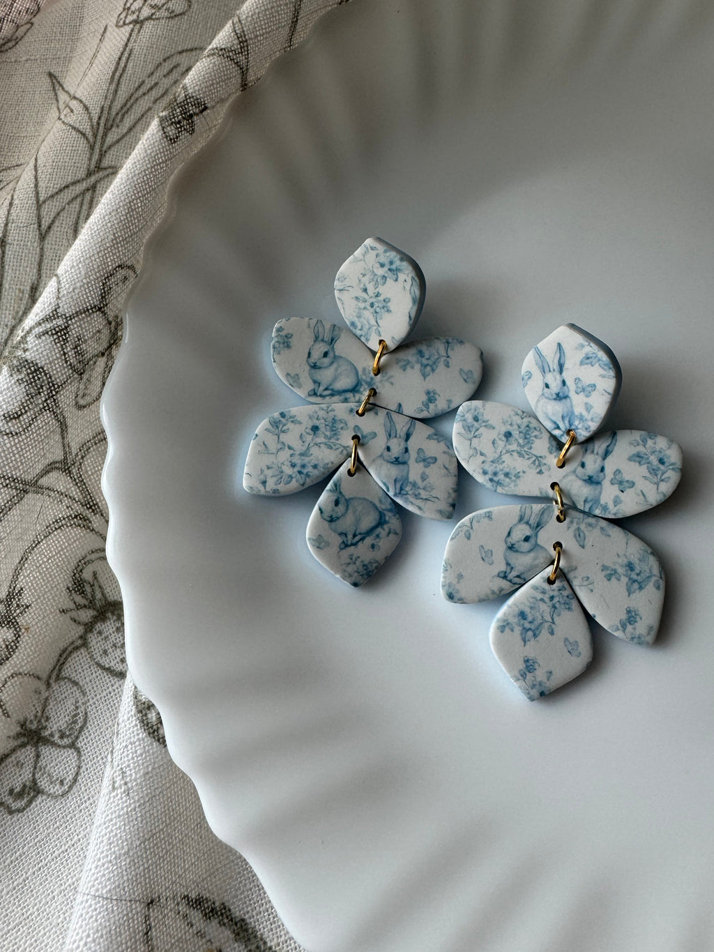 Handmade Polymer Clay Blue & White Porcelain Bunny Earrings