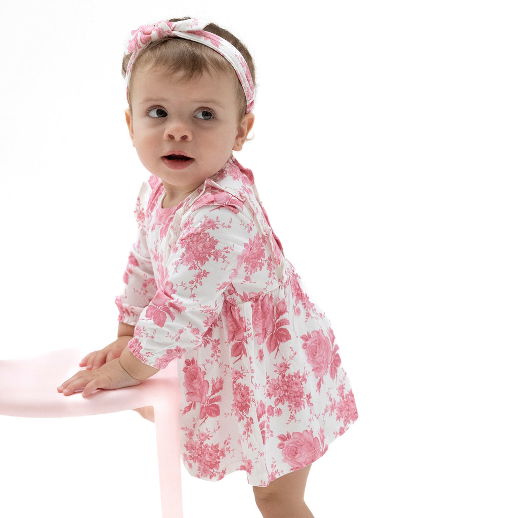 Vintage Pink Roses - Ruffle Long Sleeve Bodysuit Dress