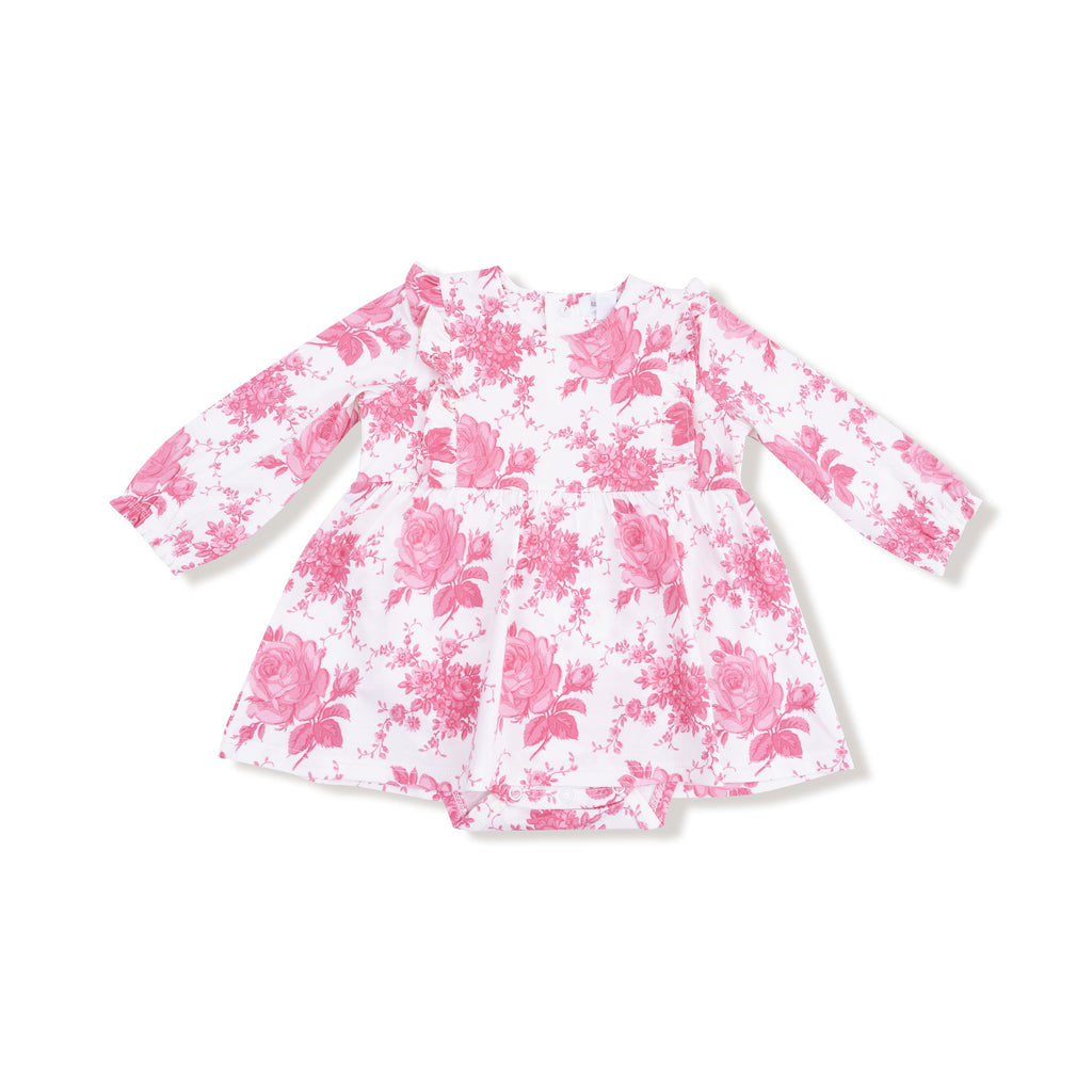 Vintage Pink Roses - Ruffle Long Sleeve Bodysuit Dress