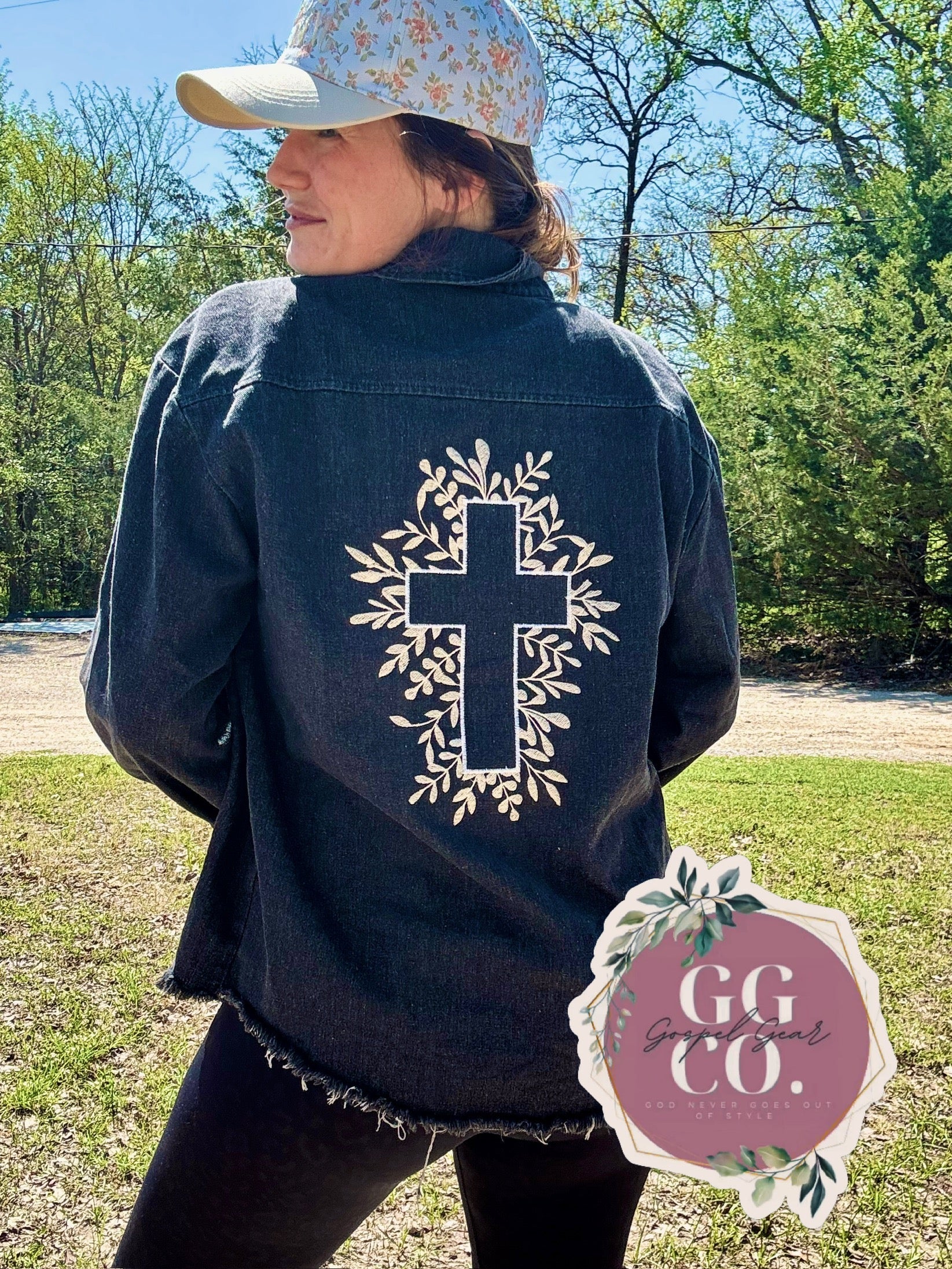 Floral Cross Embroidered Black Denim Jacket