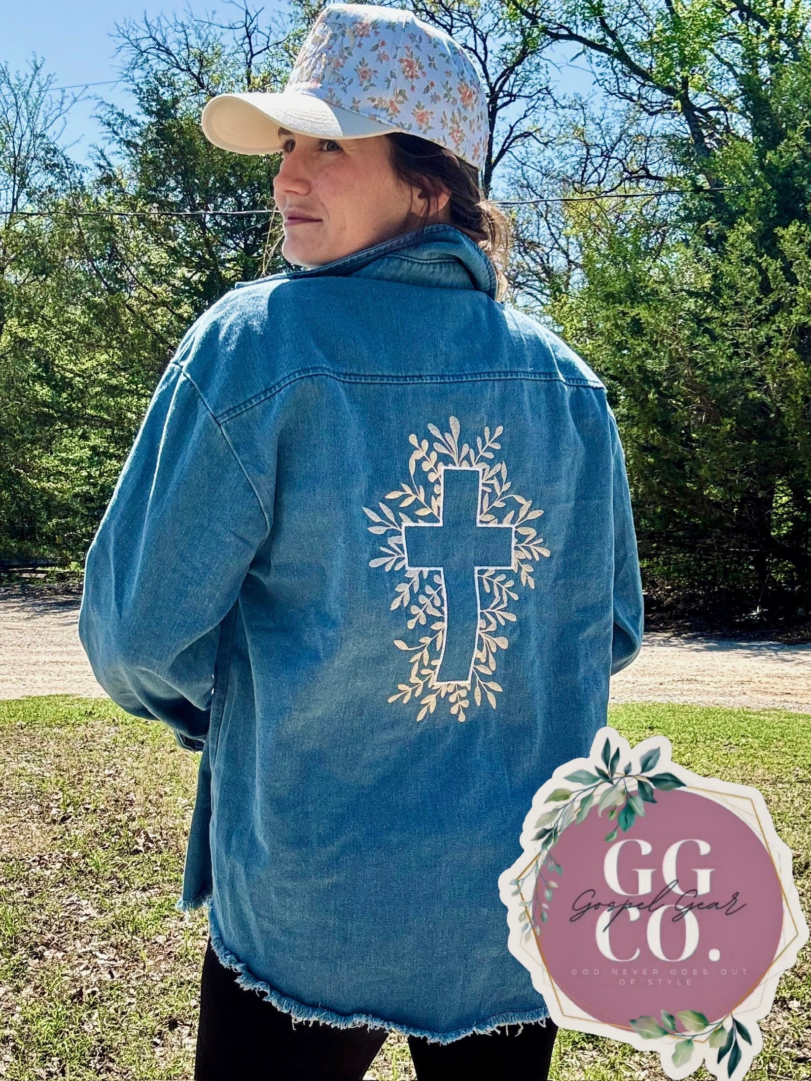 Floral Cross Embroidered Blue Denim Jacket