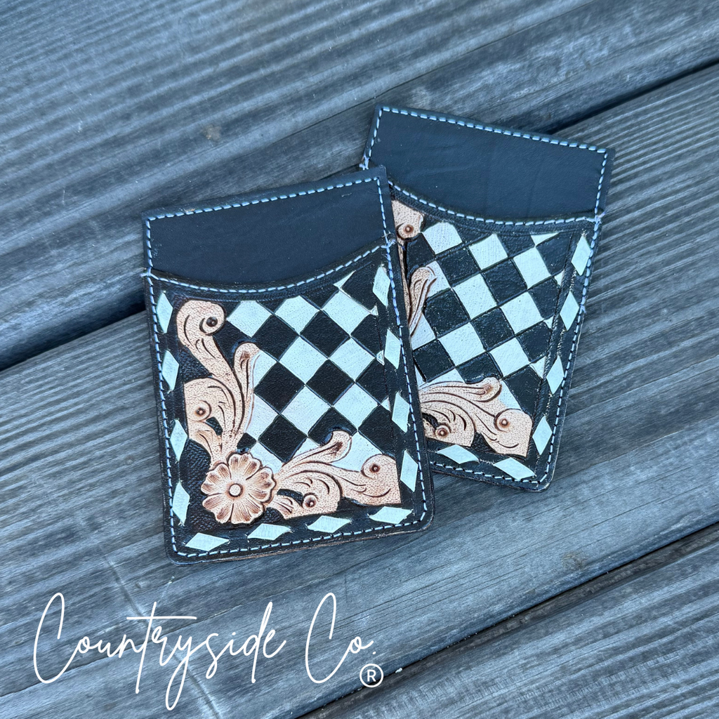 Genuine Leather Hand-Tooled Checkered Credit Card Holder