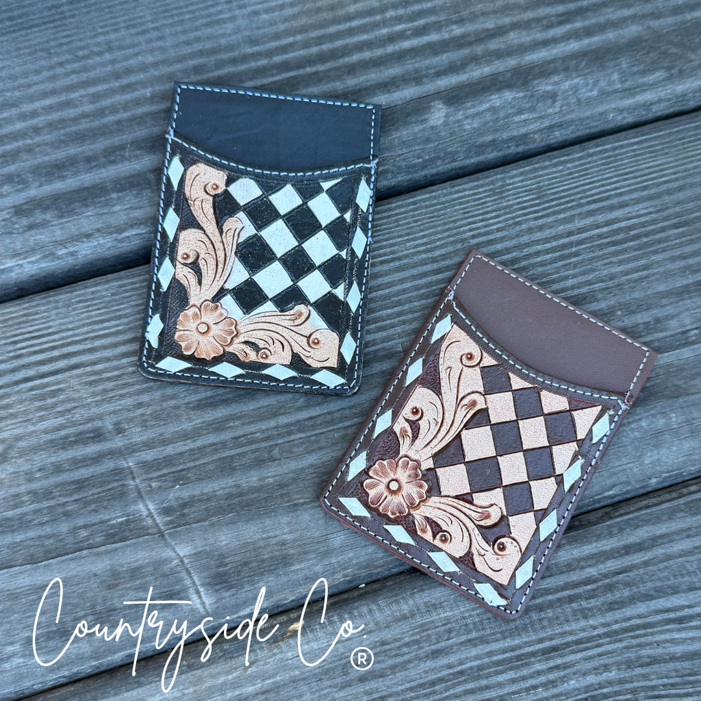 Genuine Leather Hand-Tooled Checkered Credit Card Holder