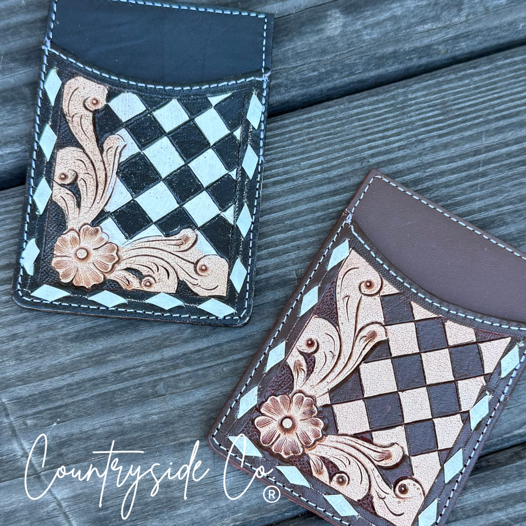 Genuine Leather Hand-Tooled Checkered Credit Card Holder