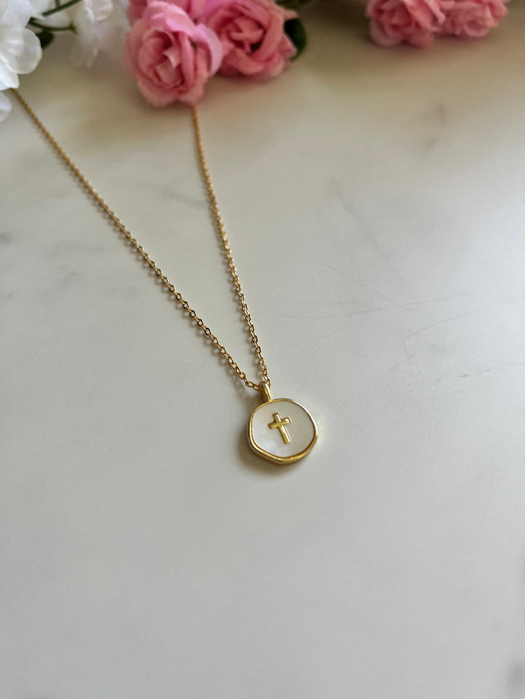 Gold Necklace with Pearl Cross