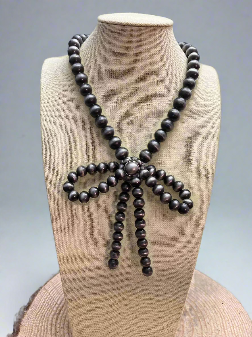 Faux Bow Necklace with Large Faux Pearls - 16 inch