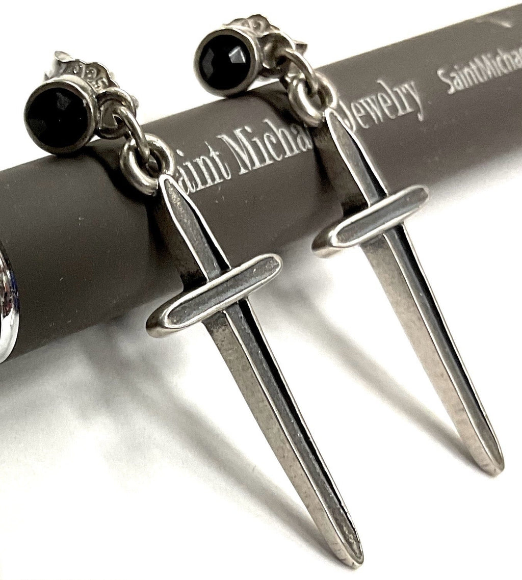 Solid Sterling Silver and Black Onyx Dangle Earrings