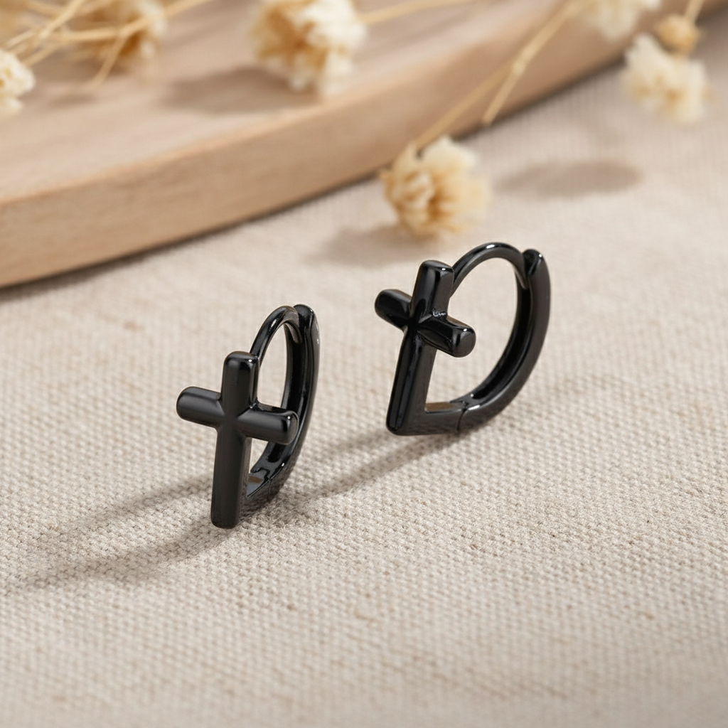 Black Sterling Silver Cross Hoop Cuff Earrings Small Hinged Design