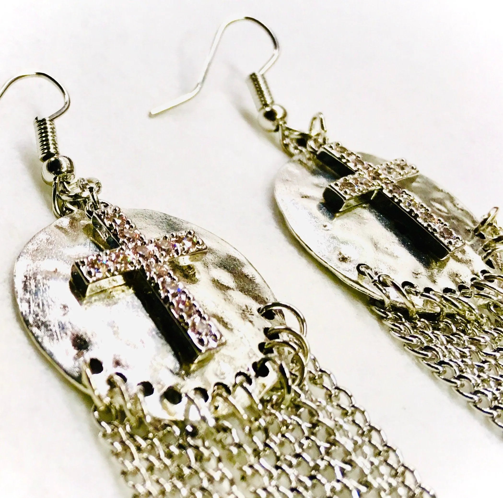 Silver or Gold Hammered CZ Cross Long Chain Drop Dangle Earrings