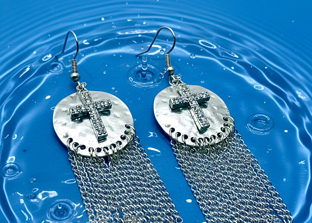 Silver or Gold Hammered CZ Cross Long Chain Drop Dangle Earrings