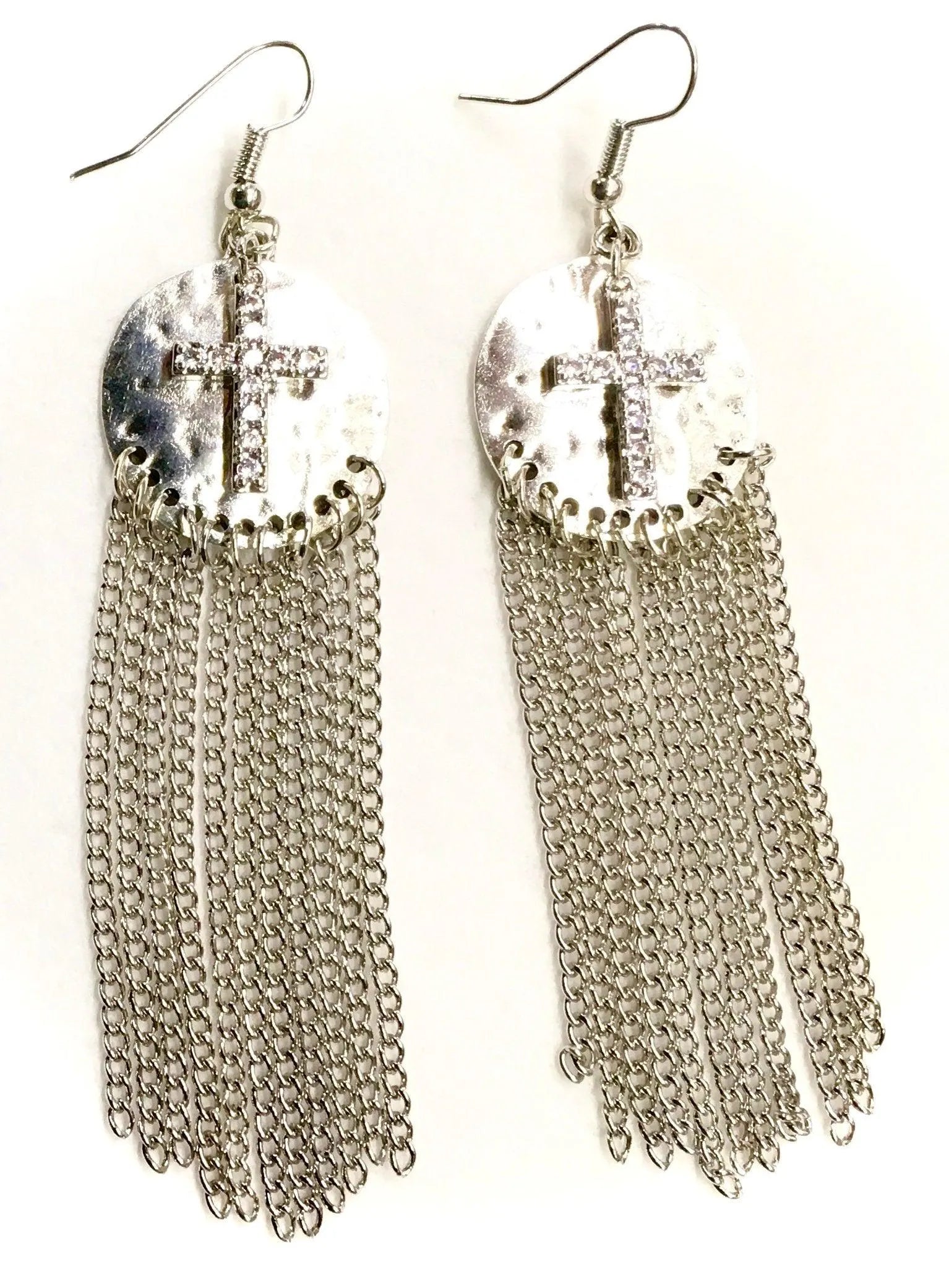 Silver or Gold Hammered CZ Cross Long Chain Drop Dangle Earrings
