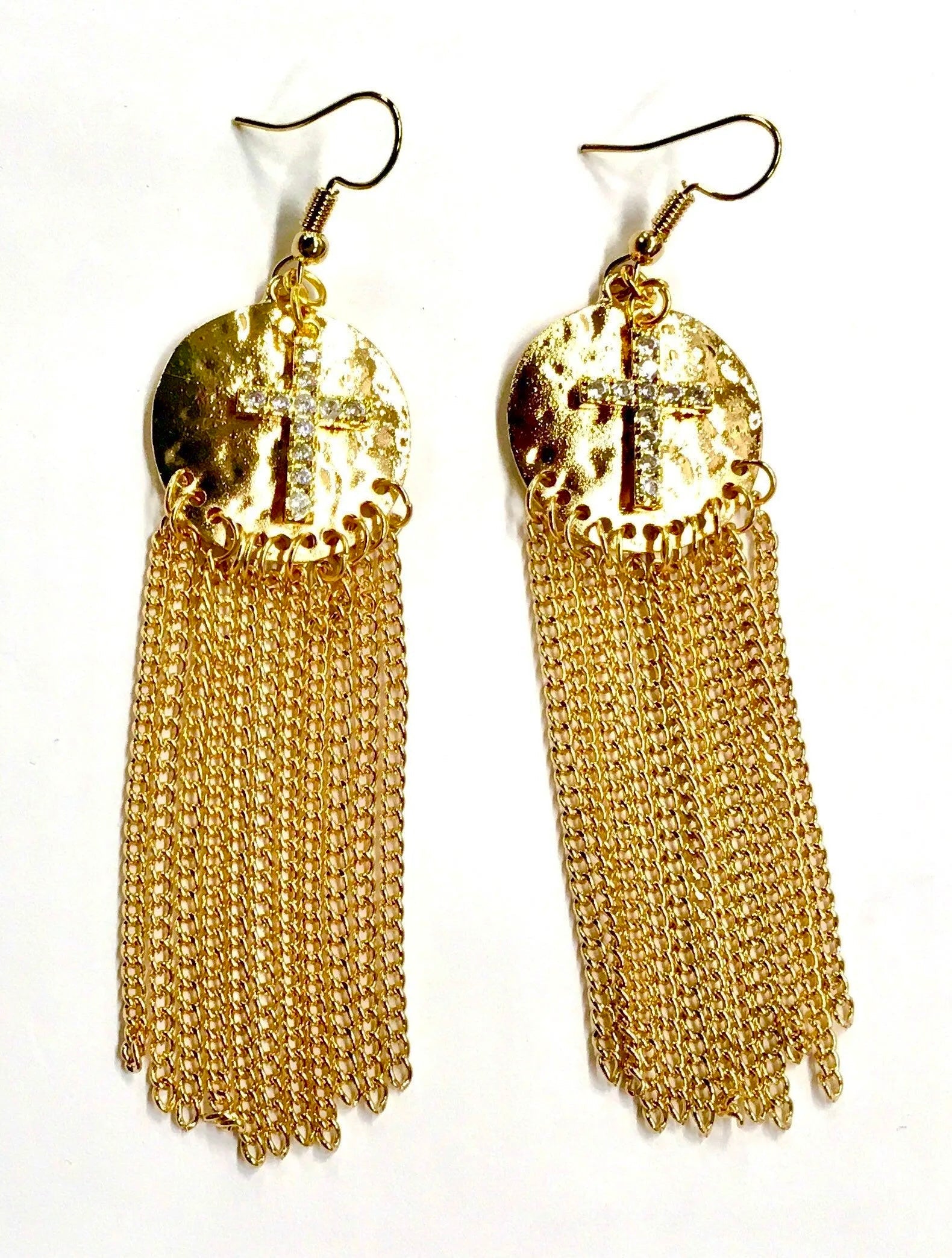 Silver or Gold Hammered CZ Cross Long Chain Drop Dangle Earrings