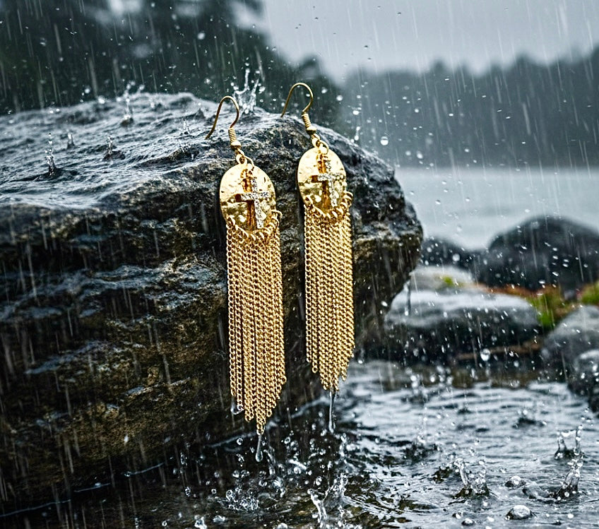 Silver or Gold Hammered CZ Cross Long Chain Drop Dangle Earrings